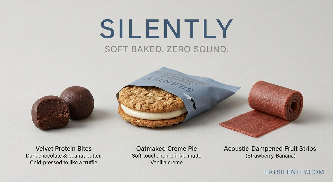 Product graphic showing Silently soft-baked zero-sound snacks